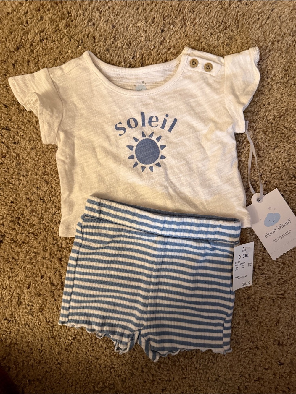 cloud island White Tee with Blue Soleil Graphic and Blue Striped Shorts